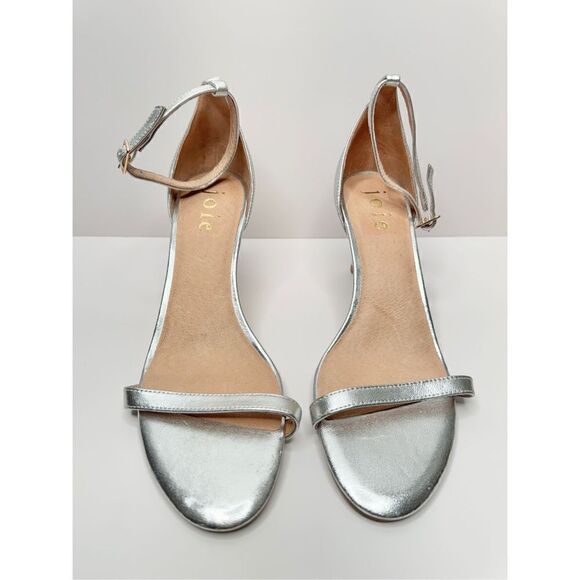 JOIE Sandals Womens Size 8.5 Silver Leather Ankle Strap Maisie Open Toe Heels - Picture 4 of 9